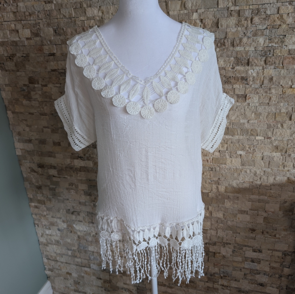 White Crochet Fringe Trim Beach Wear Women's Top Swim Cover Up Shirt Resortwear